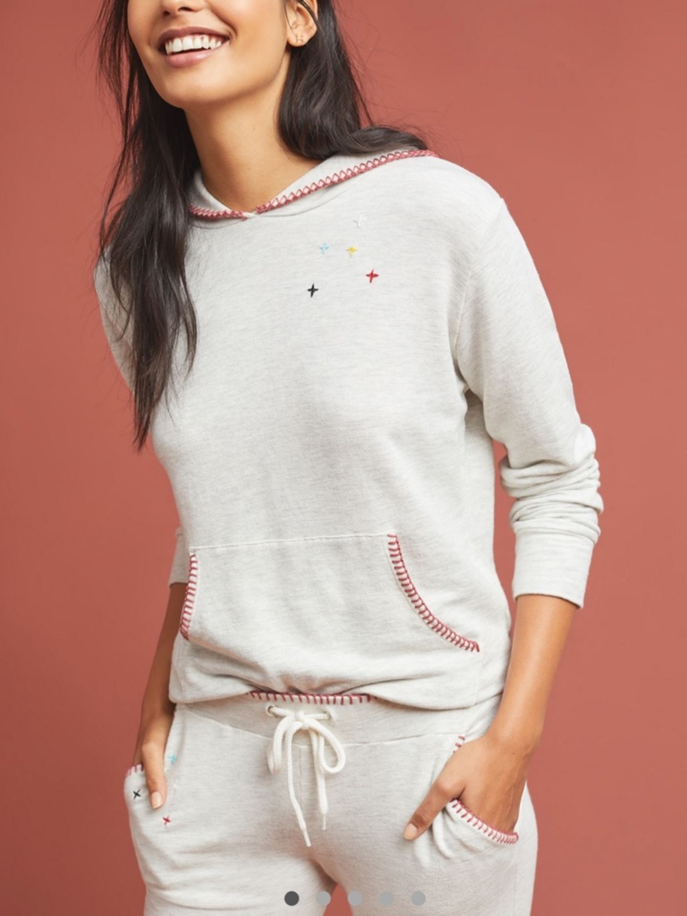 Monrow Anthropologie Stitched Hoodie Light Grey Embroidered Leisure Wear Sz S